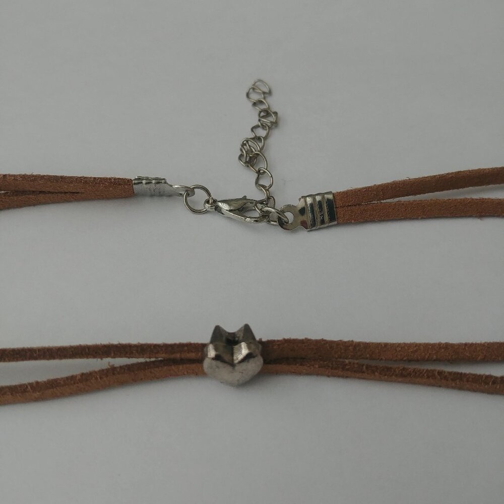 Y2K Brown leather double strand short necklace choker silver heart - Picture 3 of 9